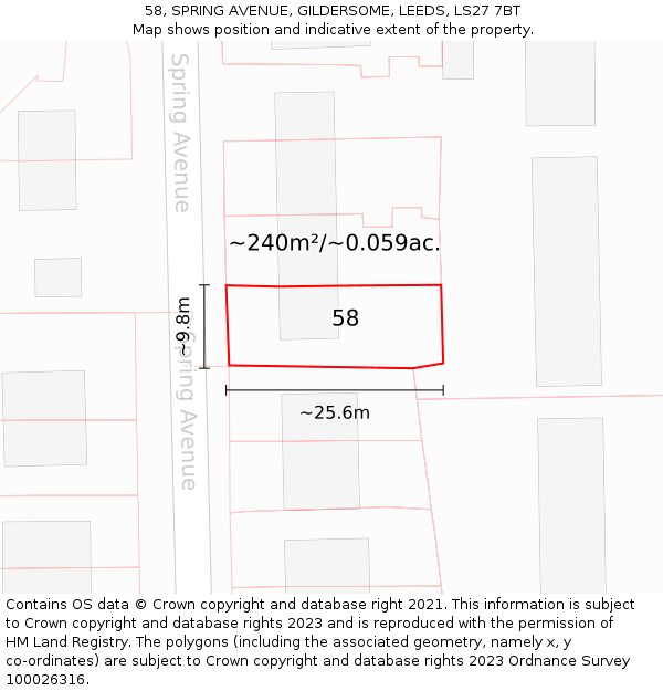58, SPRING AVENUE, GILDERSOME, LEEDS, LS27 7BT: Plot and title map