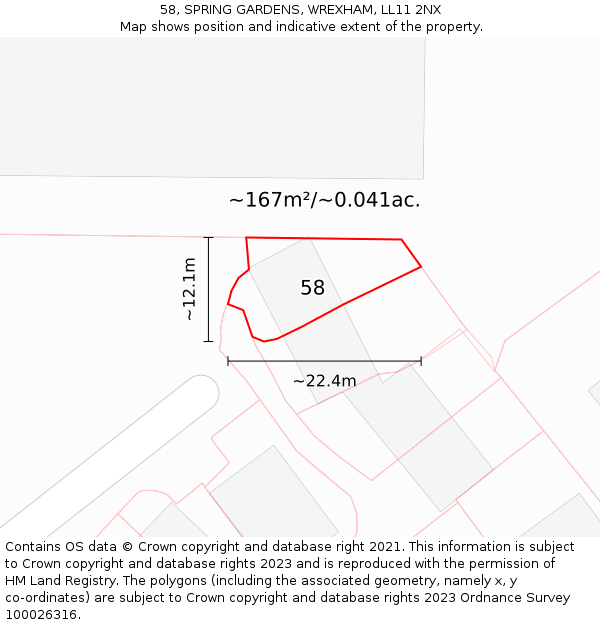 58, SPRING GARDENS, WREXHAM, LL11 2NX: Plot and title map