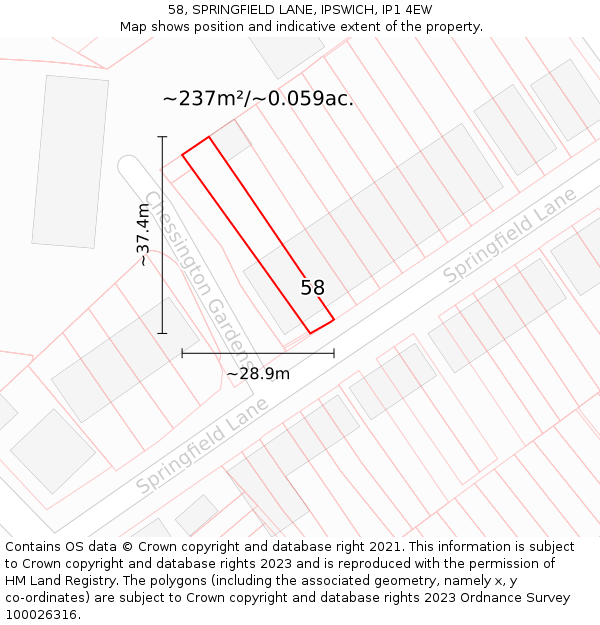 58, SPRINGFIELD LANE, IPSWICH, IP1 4EW: Plot and title map