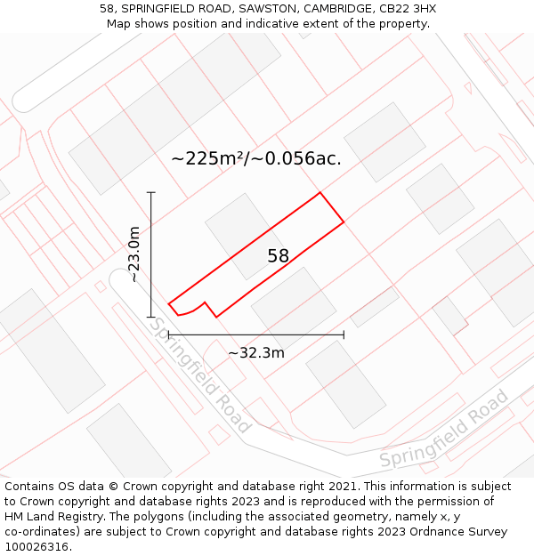 58, SPRINGFIELD ROAD, SAWSTON, CAMBRIDGE, CB22 3HX: Plot and title map