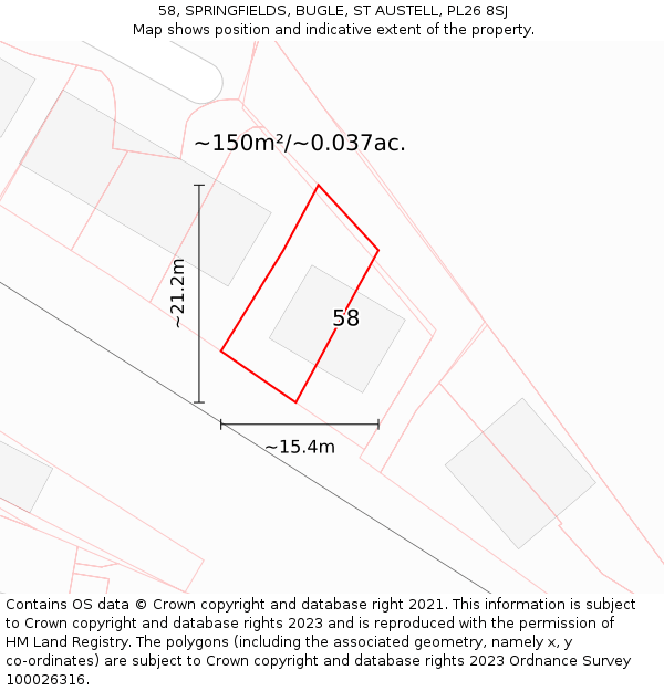 58, SPRINGFIELDS, BUGLE, ST AUSTELL, PL26 8SJ: Plot and title map