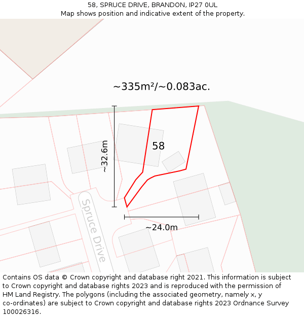 58, SPRUCE DRIVE, BRANDON, IP27 0UL: Plot and title map