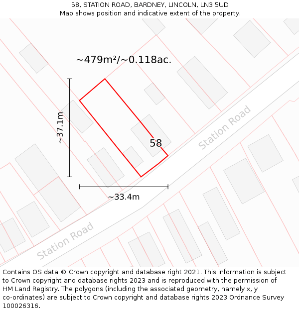58, STATION ROAD, BARDNEY, LINCOLN, LN3 5UD: Plot and title map