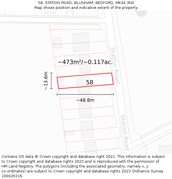 58, STATION ROAD, BLUNHAM, BEDFORD, MK44 3NX: Plot and title map