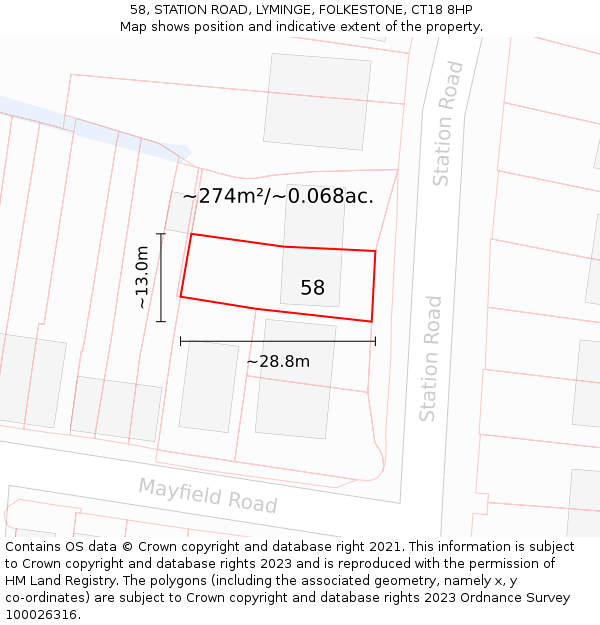 58, STATION ROAD, LYMINGE, FOLKESTONE, CT18 8HP: Plot and title map