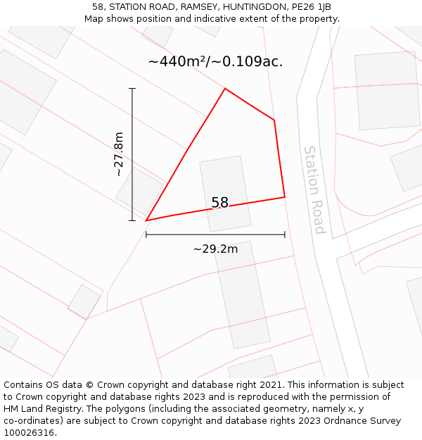 58, STATION ROAD, RAMSEY, HUNTINGDON, PE26 1JB: Plot and title map