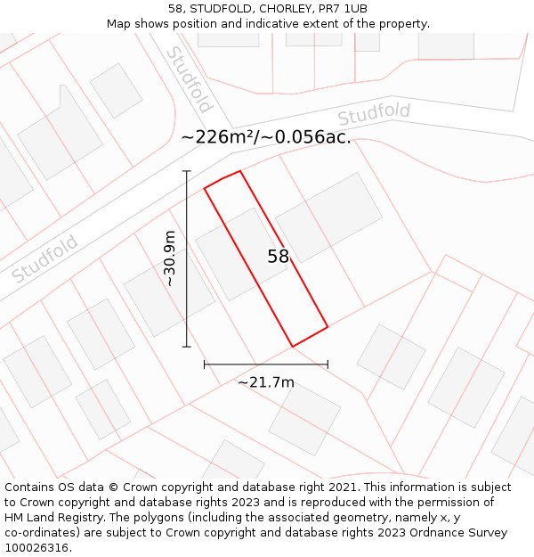 58, STUDFOLD, CHORLEY, PR7 1UB: Plot and title map