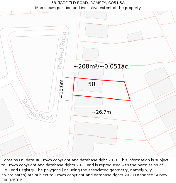 58, TADFIELD ROAD, ROMSEY, SO51 5AJ: Plot and title map