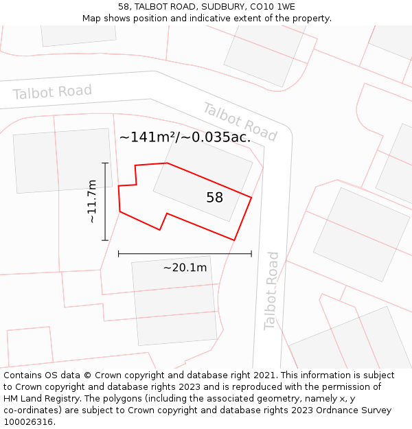 58, TALBOT ROAD, SUDBURY, CO10 1WE: Plot and title map