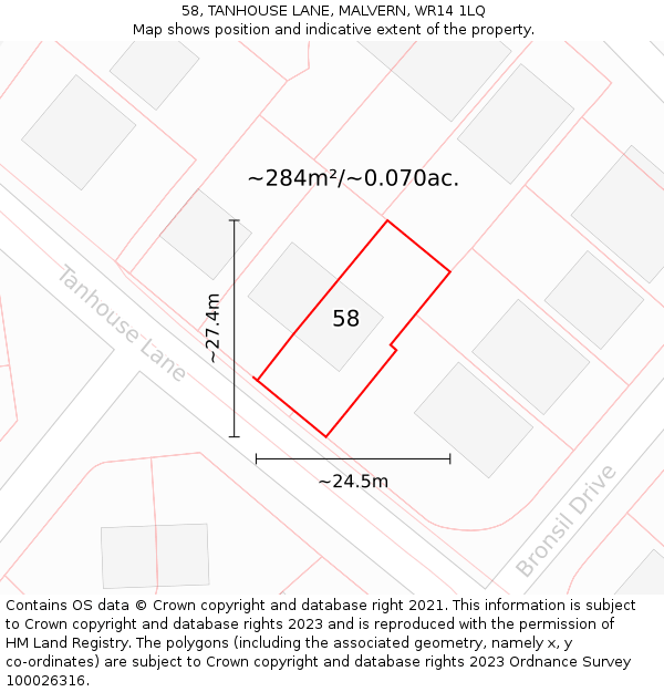 58, TANHOUSE LANE, MALVERN, WR14 1LQ: Plot and title map