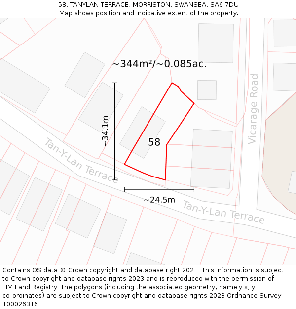 58, TANYLAN TERRACE, MORRISTON, SWANSEA, SA6 7DU: Plot and title map