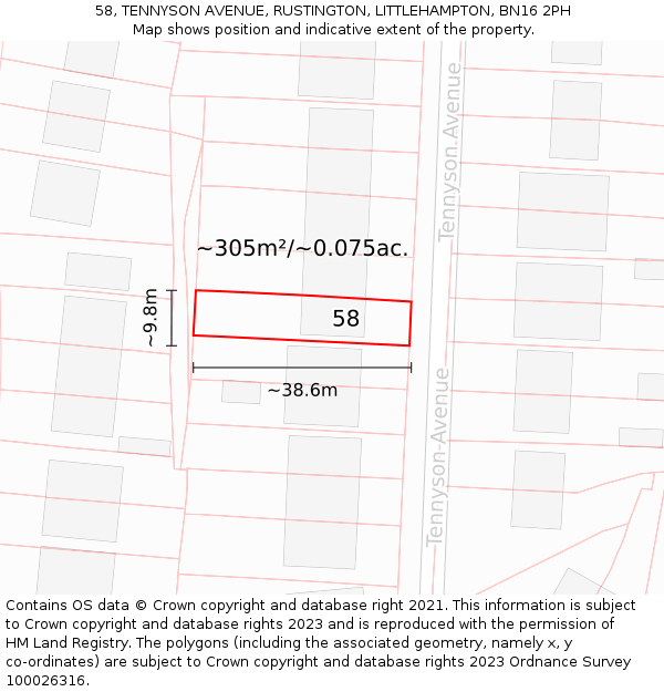 58, TENNYSON AVENUE, RUSTINGTON, LITTLEHAMPTON, BN16 2PH: Plot and title map