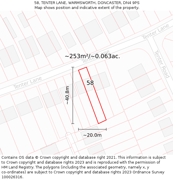 58, TENTER LANE, WARMSWORTH, DONCASTER, DN4 9PS: Plot and title map