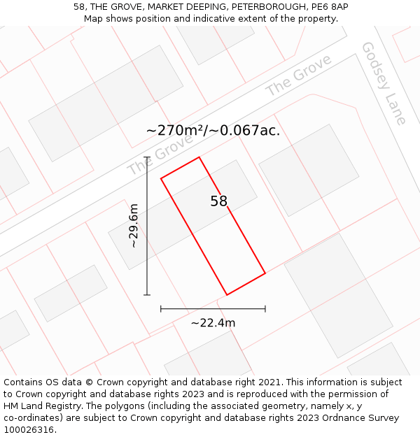 58, THE GROVE, MARKET DEEPING, PETERBOROUGH, PE6 8AP: Plot and title map