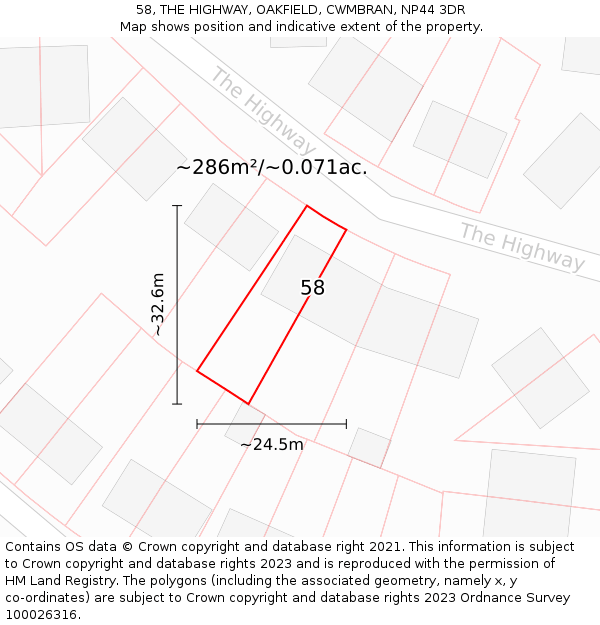 58, THE HIGHWAY, OAKFIELD, CWMBRAN, NP44 3DR: Plot and title map