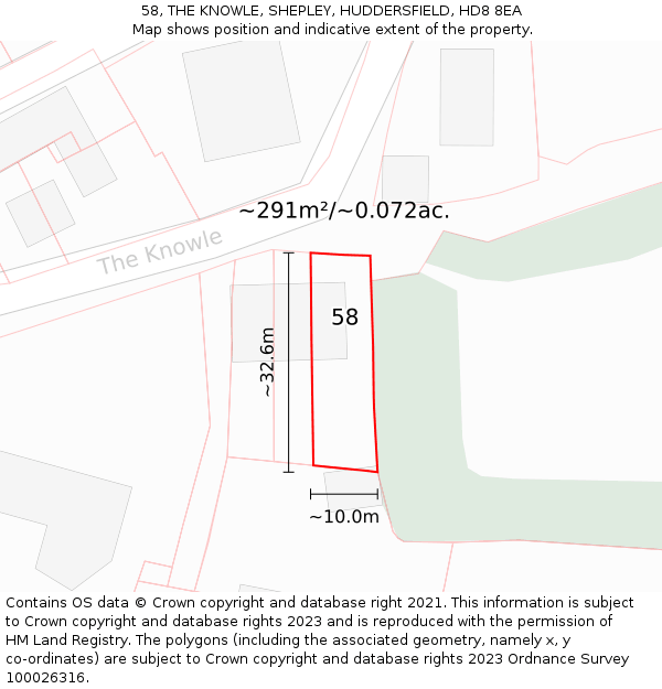 58, THE KNOWLE, SHEPLEY, HUDDERSFIELD, HD8 8EA: Plot and title map