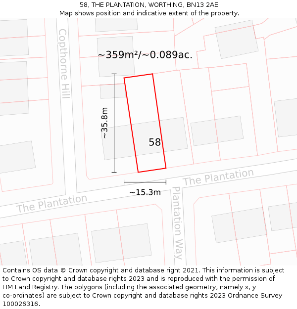 58, THE PLANTATION, WORTHING, BN13 2AE: Plot and title map