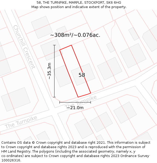 58, THE TURNPIKE, MARPLE, STOCKPORT, SK6 6HG: Plot and title map