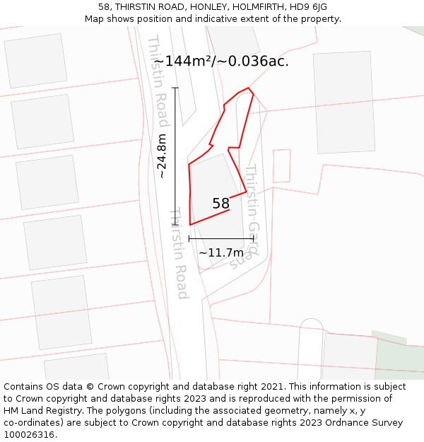 58, THIRSTIN ROAD, HONLEY, HOLMFIRTH, HD9 6JG: Plot and title map