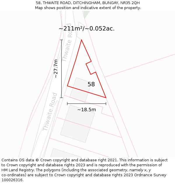 58, THWAITE ROAD, DITCHINGHAM, BUNGAY, NR35 2QH: Plot and title map