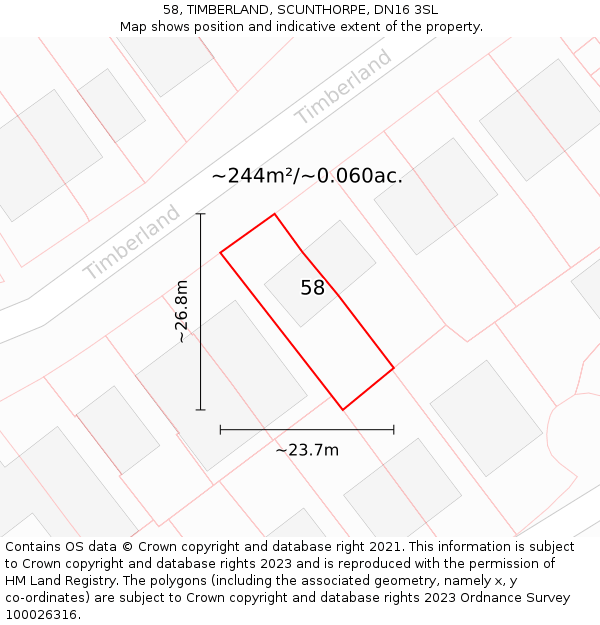 58, TIMBERLAND, SCUNTHORPE, DN16 3SL: Plot and title map