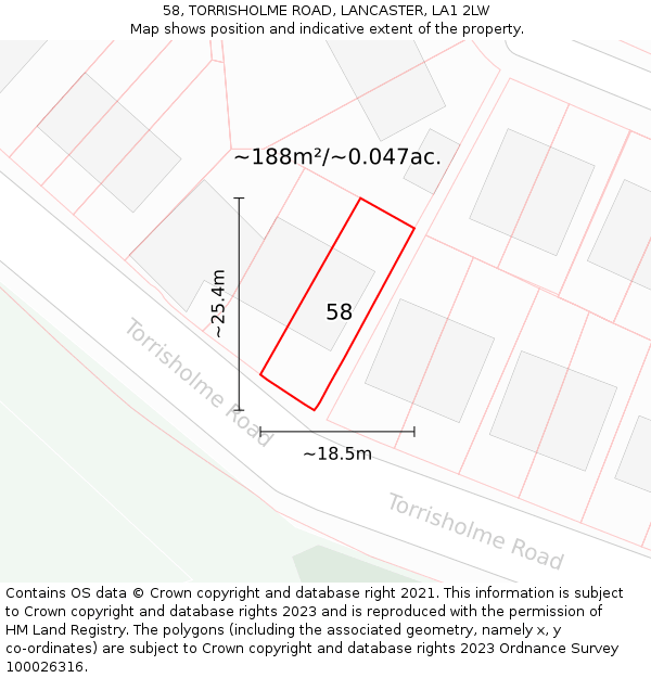 58, TORRISHOLME ROAD, LANCASTER, LA1 2LW: Plot and title map