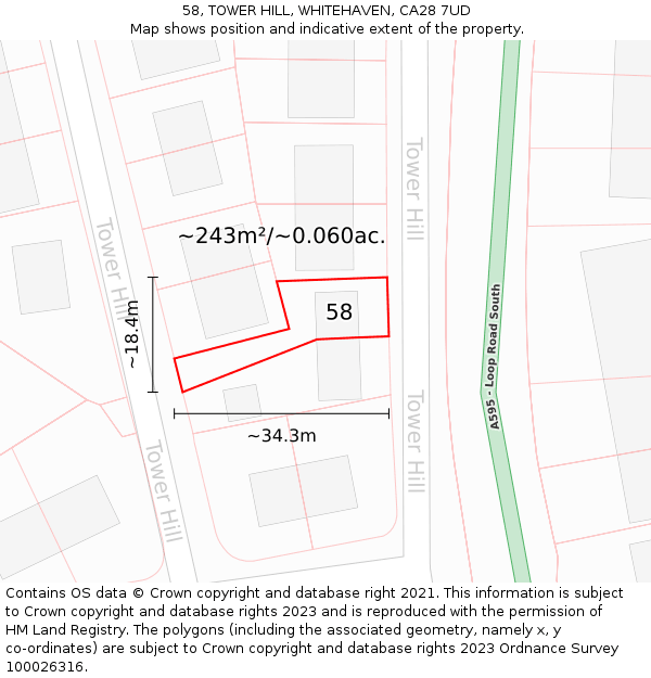58, TOWER HILL, WHITEHAVEN, CA28 7UD: Plot and title map