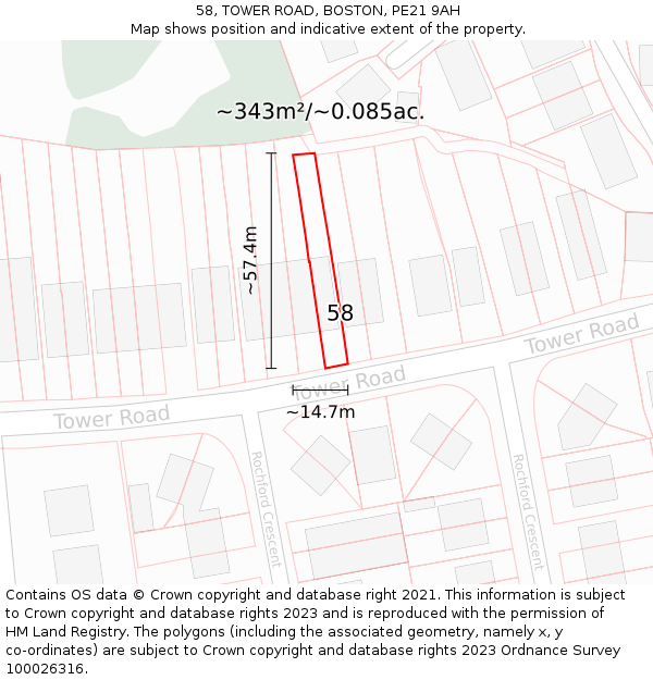 58, TOWER ROAD, BOSTON, PE21 9AH: Plot and title map
