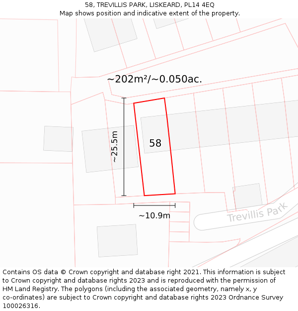 58, TREVILLIS PARK, LISKEARD, PL14 4EQ: Plot and title map