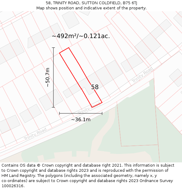 58, TRINITY ROAD, SUTTON COLDFIELD, B75 6TJ: Plot and title map