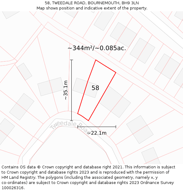 58, TWEEDALE ROAD, BOURNEMOUTH, BH9 3LN: Plot and title map