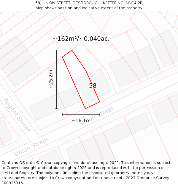 58, UNION STREET, DESBOROUGH, KETTERING, NN14 2RJ: Plot and title map