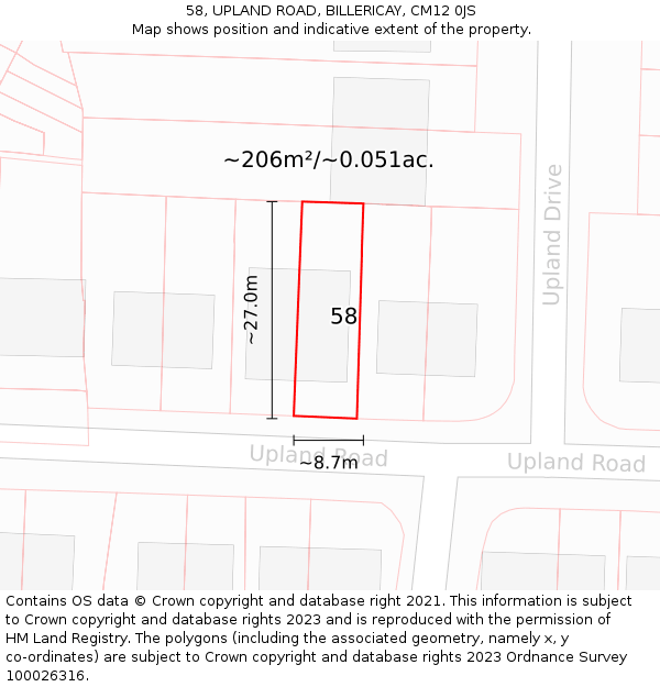 58, UPLAND ROAD, BILLERICAY, CM12 0JS: Plot and title map