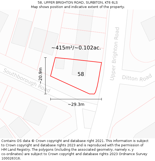 58, UPPER BRIGHTON ROAD, SURBITON, KT6 6LS: Plot and title map