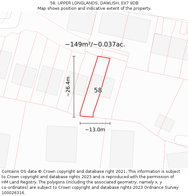 58, UPPER LONGLANDS, DAWLISH, EX7 9DB: Plot and title map