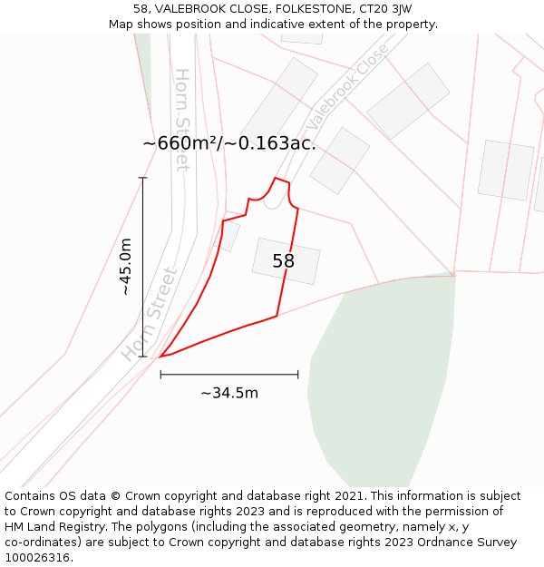58, VALEBROOK CLOSE, FOLKESTONE, CT20 3JW: Plot and title map