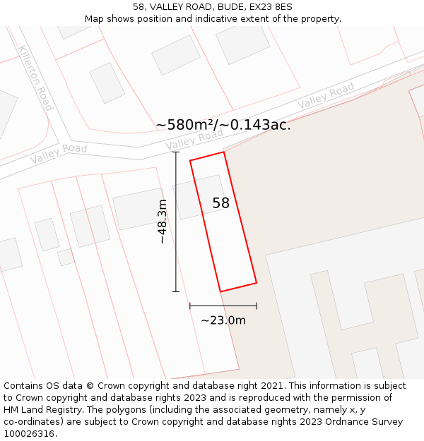 58, VALLEY ROAD, BUDE, EX23 8ES: Plot and title map