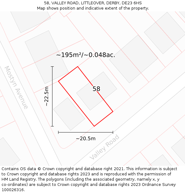 58, VALLEY ROAD, LITTLEOVER, DERBY, DE23 6HS: Plot and title map