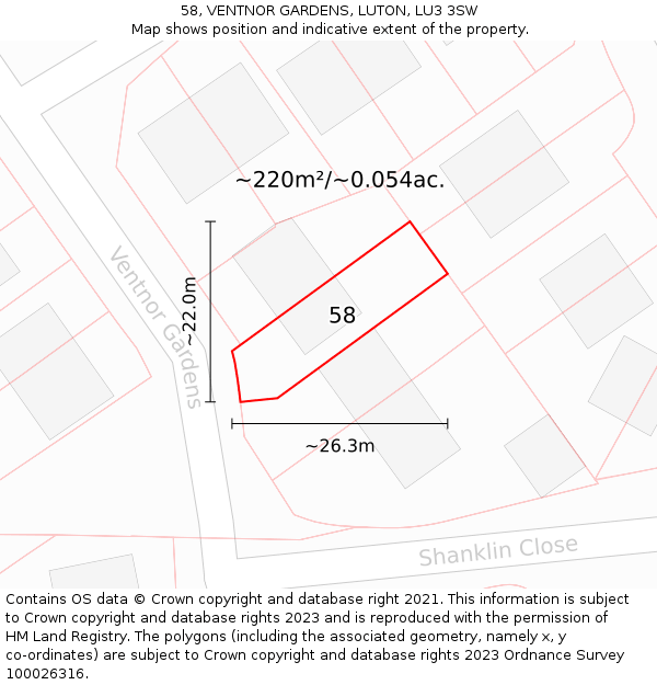 58, VENTNOR GARDENS, LUTON, LU3 3SW: Plot and title map