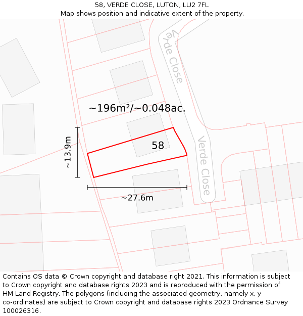 58, VERDE CLOSE, LUTON, LU2 7FL: Plot and title map