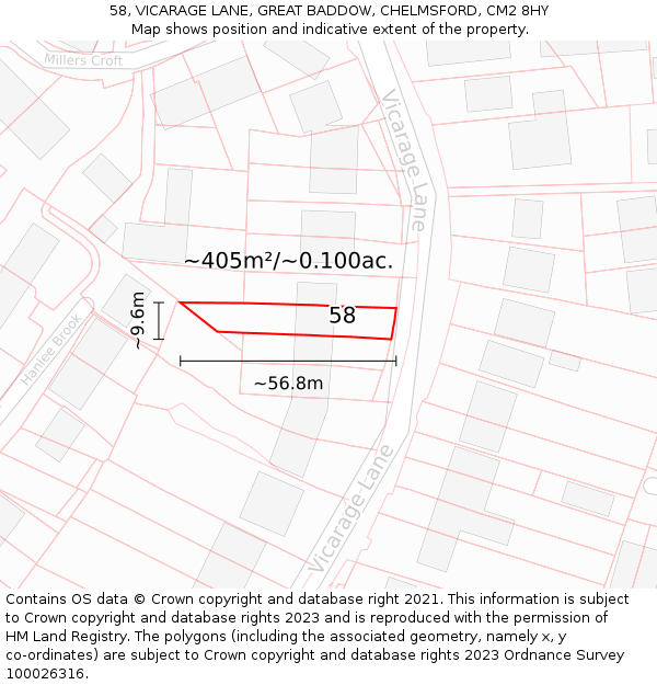 58, VICARAGE LANE, GREAT BADDOW, CHELMSFORD, CM2 8HY: Plot and title map