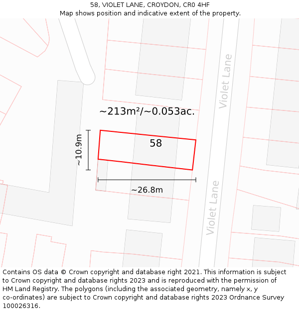 58, VIOLET LANE, CROYDON, CR0 4HF: Plot and title map