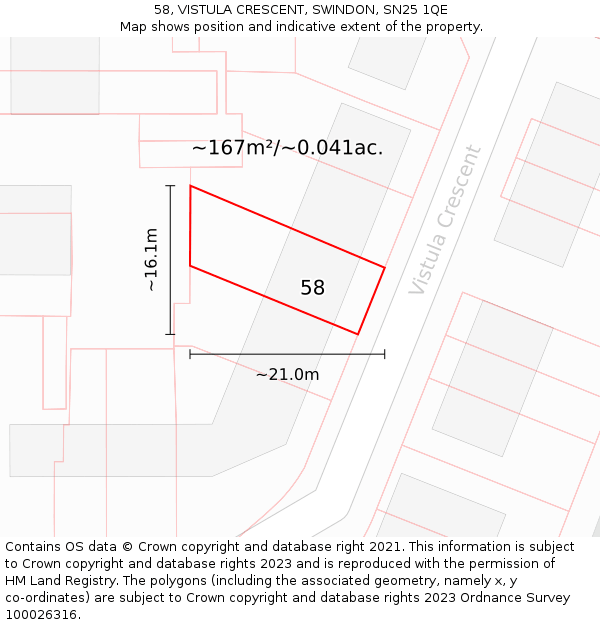 58, VISTULA CRESCENT, SWINDON, SN25 1QE: Plot and title map