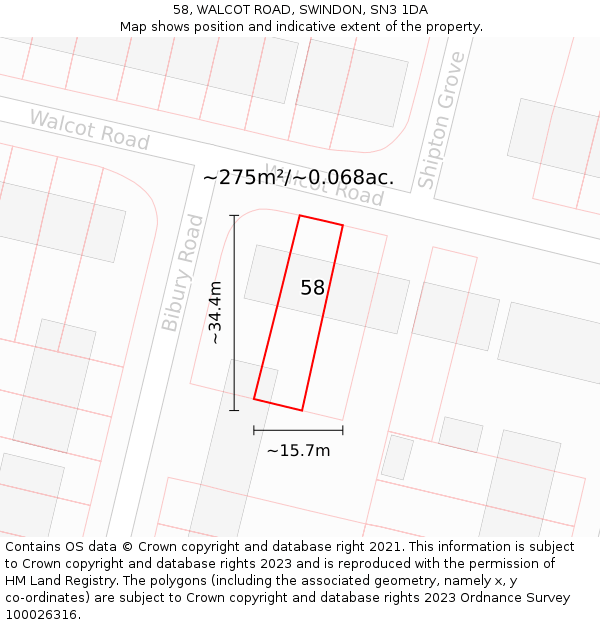 58, WALCOT ROAD, SWINDON, SN3 1DA: Plot and title map