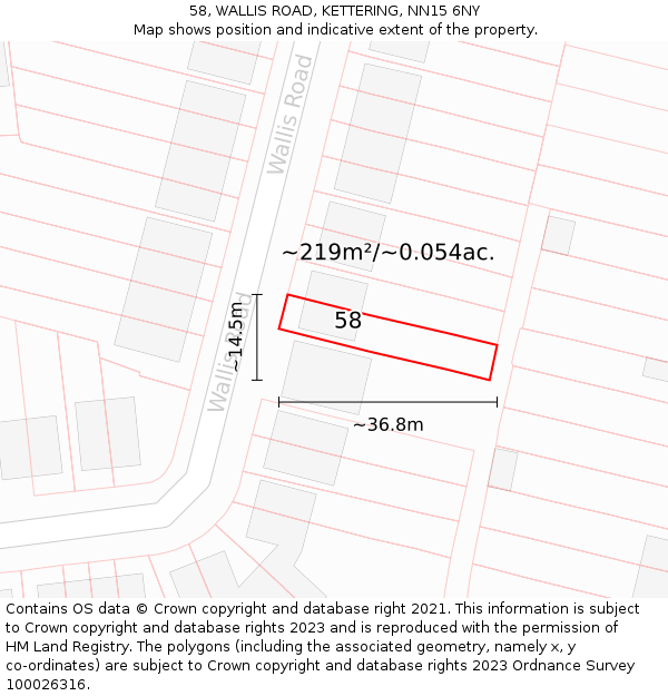 58, WALLIS ROAD, KETTERING, NN15 6NY: Plot and title map
