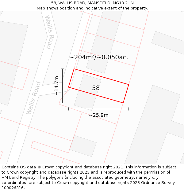 58, WALLIS ROAD, MANSFIELD, NG18 2HN: Plot and title map