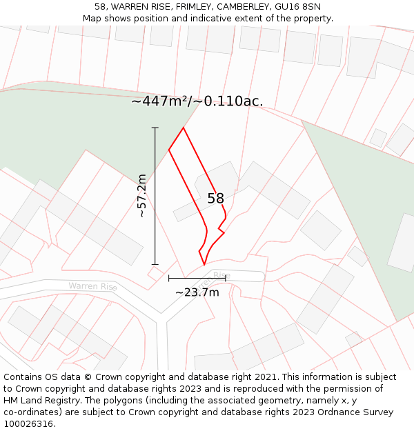 58, WARREN RISE, FRIMLEY, CAMBERLEY, GU16 8SN: Plot and title map