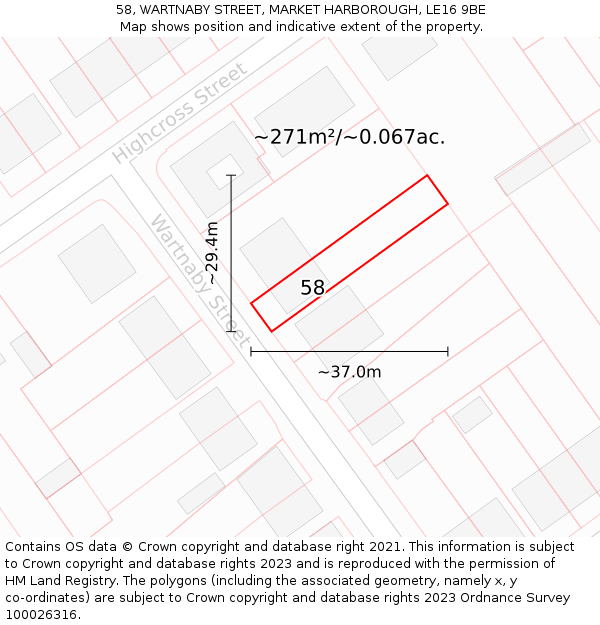 58, WARTNABY STREET, MARKET HARBOROUGH, LE16 9BE: Plot and title map