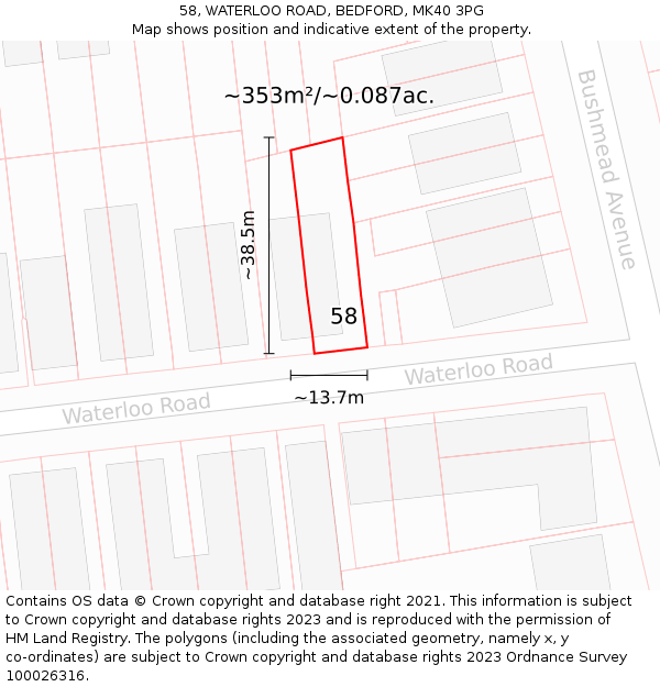 58, WATERLOO ROAD, BEDFORD, MK40 3PG: Plot and title map
