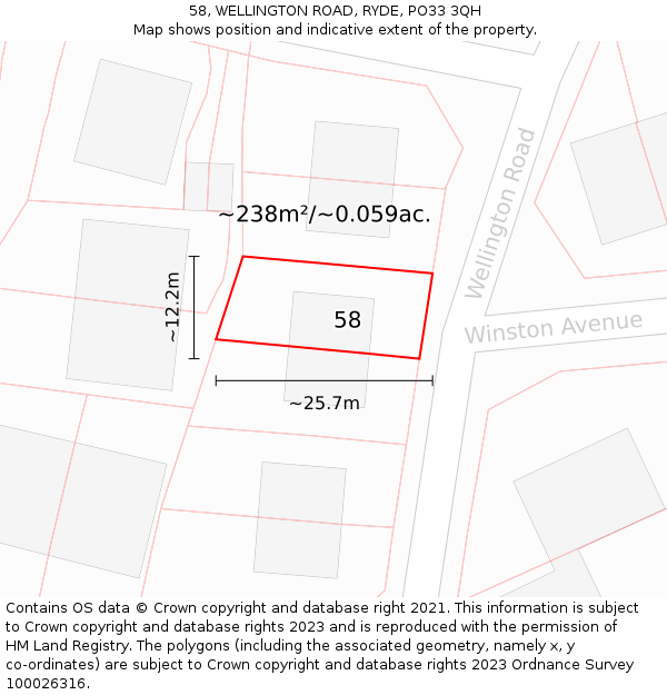 58, WELLINGTON ROAD, RYDE, PO33 3QH: Plot and title map